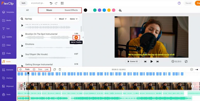 Add royalty-free music and sound effects to create vibes and rhythms for your podcasts