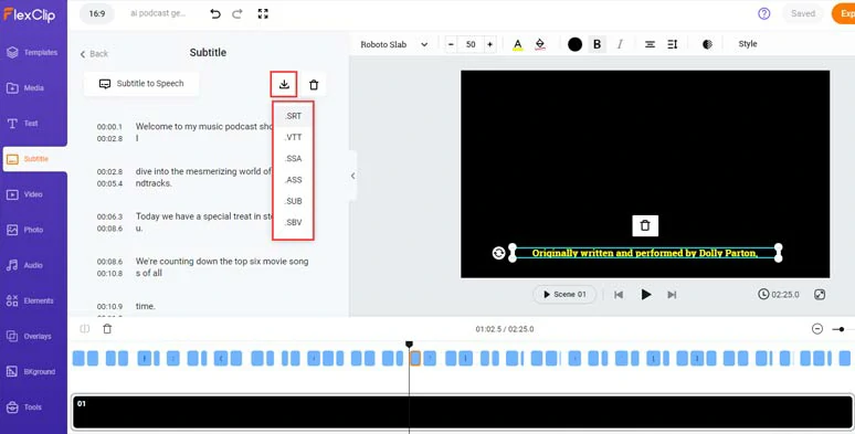 Directly download the transcript of your podcasts in SRT and 5 other subtitle formats for other repurposings