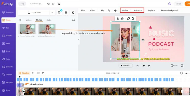 Drag and drop to replace premade elements with yours and set their animations