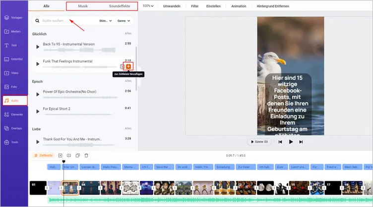 Füge lizenzfreie Musik und Soundeffekte hinzu, um deine KI Reels lebendig zu machen.