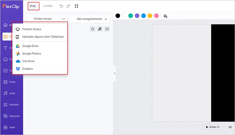 Uploadez vos ressources vidéo dans FlexClip et réglez l'aspect de la vidéo sur 9 x 16
