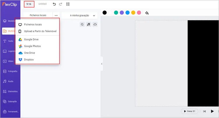 Carregue os seus recursos de vídeo para o FlexClip e defina a proporção do vídeo para 9 por 16