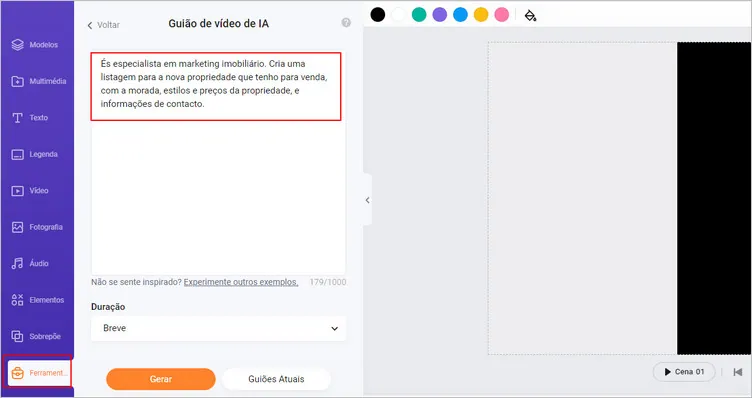 Utilize instruções para gerar guiões para os seus Reels de IA