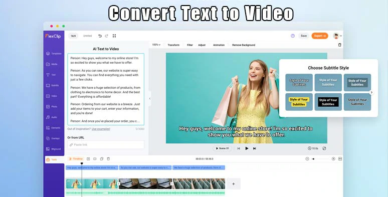 Converta scripts de IA em shorts de IA com o gerador texto para vídeo do FlexClip.