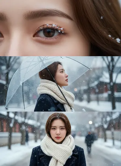 シネマ風の三段構成で雪景色のポートレート①