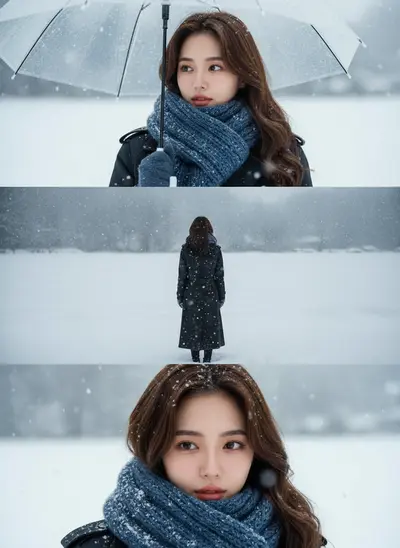 シネマ風の三段構成で雪景色のポートレート②