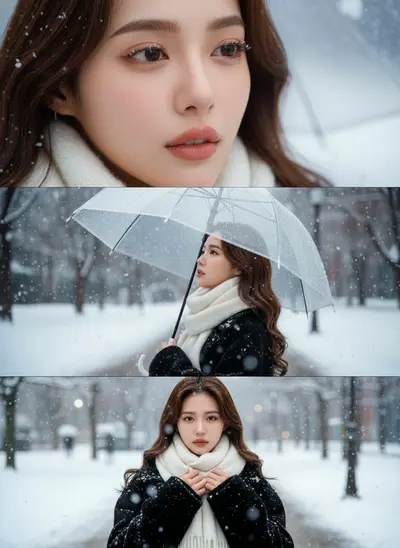 シネマ風の三段構成で雪景色のポートレート③