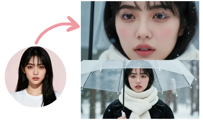 シネマ風の二段構成で雪景色のポートレート