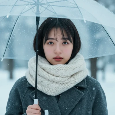 傘を持った冬の雪ポートレート①