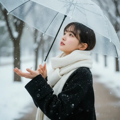 傘を持った冬の雪ポートレート②