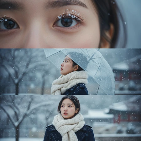Cinematic Three-Panel Snow Portrait