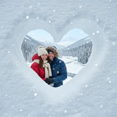 Romantic Couple in Heart-Shaped Snow