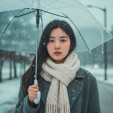 Winter Snow Portrait with Umbrella in Hands