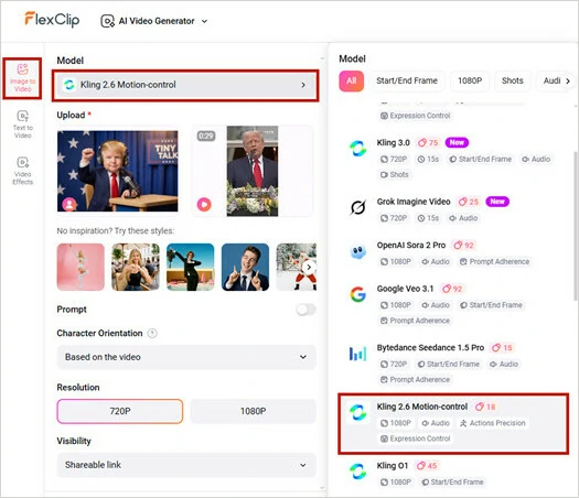 Choose Motion Control Mode and Upload Image and Video