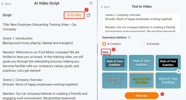 choose the style of subtitles and directly convert AI scripts to an AI training video