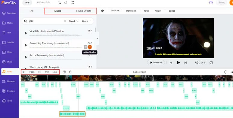 Add royalty-free music and sound effects to bring AI dubbing videos to life