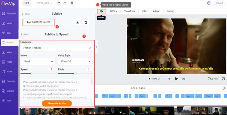 Use AI text-to-speech to convert the translated subtitle to the target language to dube your video