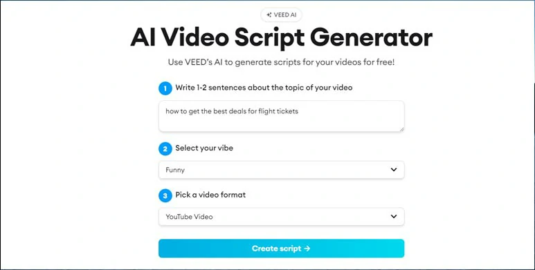 Write YouTube scripts with Veed’s AI video script generator