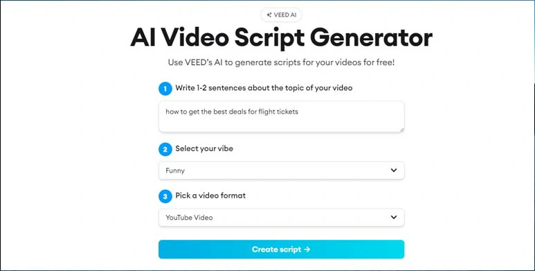 用Veed的AI视频脚本生成器编写YouTube脚本