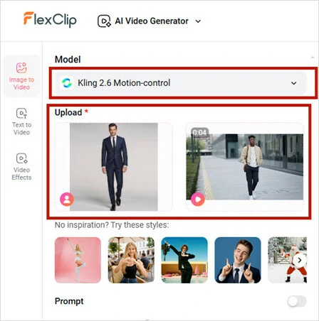Open Kling 2.6 Motion-Control in FlexClip