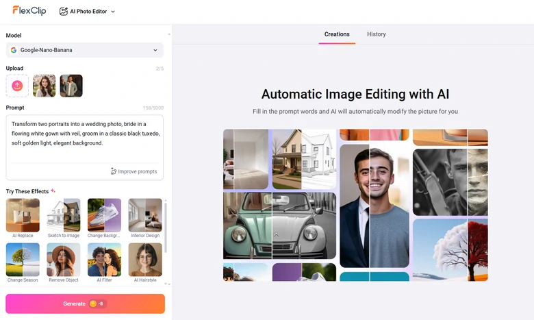 Transfer Normal Photos to a Wedding Photo Using FlexClip AI