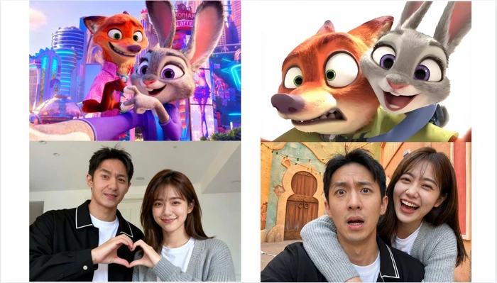 ジュディとニックと同じポーズで写真を撮る