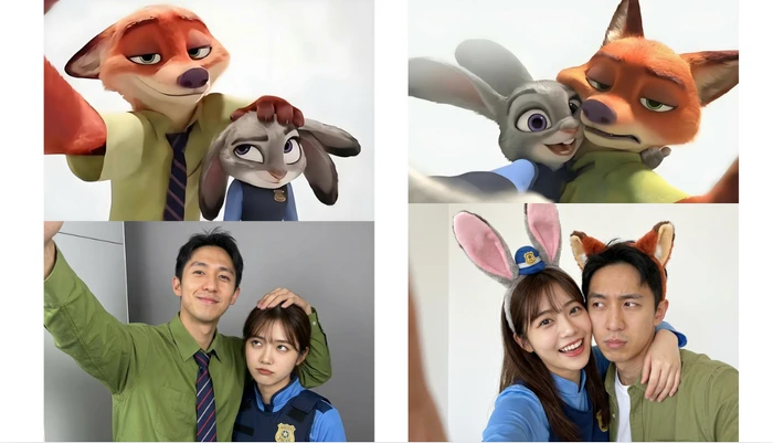 ジュディとニックと同じポーズで写真を撮る