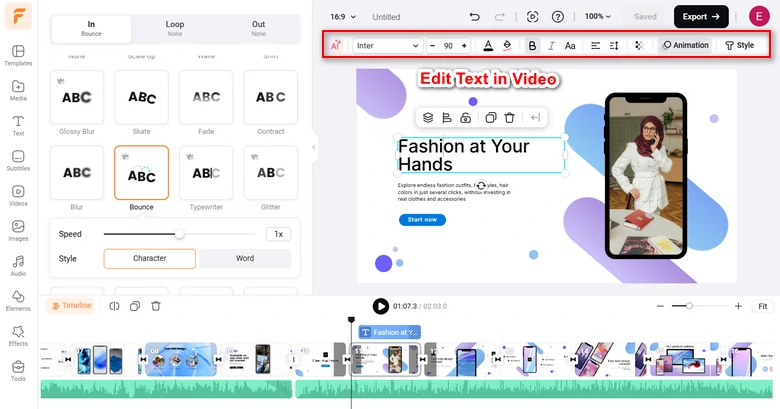 Easily animate the text with styles and change text font, color, etc