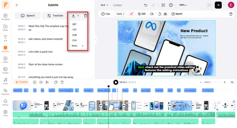 Download subtitles in SRT or other formats for repurposings