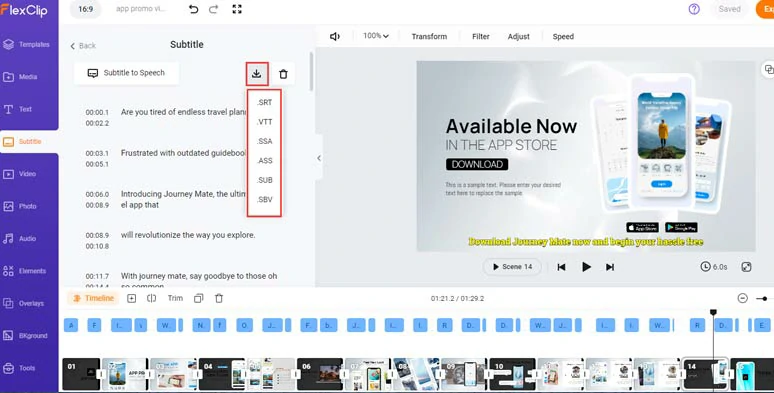 Download the subtitle in SRT or other subtitle formats for closed captions on other social media or repurposings