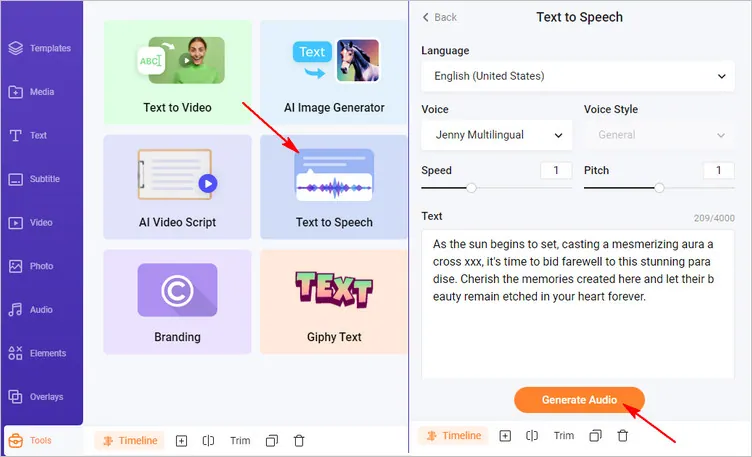 Create and Add Audio Description to Video with FlexClip - Generate AI Voice for Description