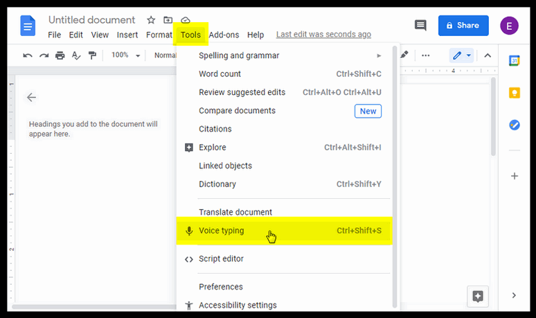 Transcribe audio to text online with Google Doc.