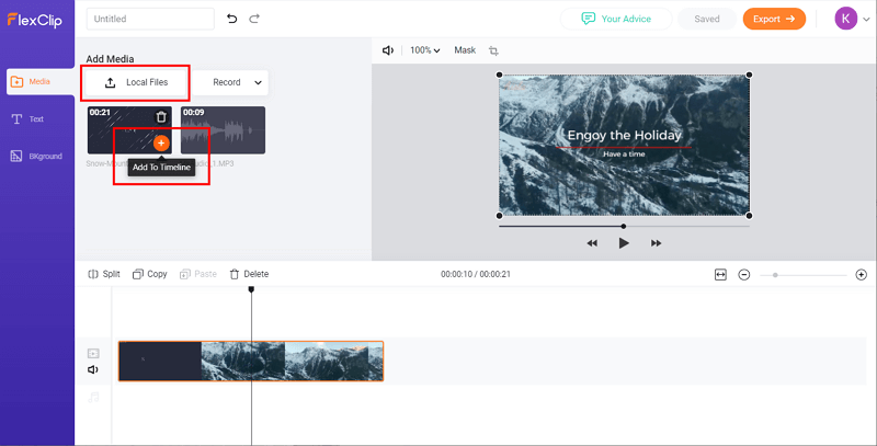 FlexClip - Add the video or audio in the timeline