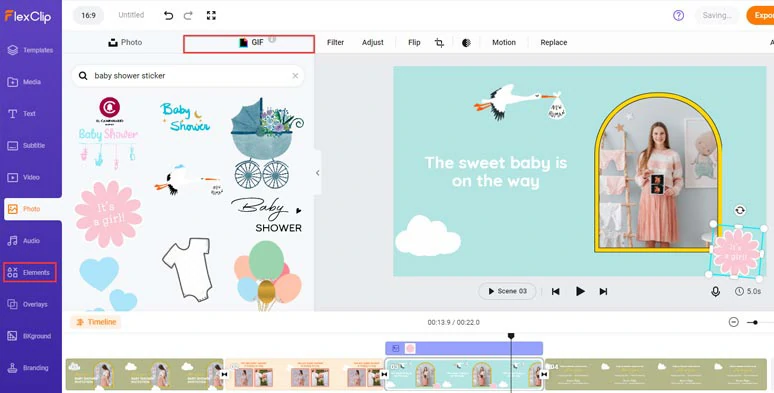 Add animated baby shower stickers and other elements to spice up baby shower invitation videos