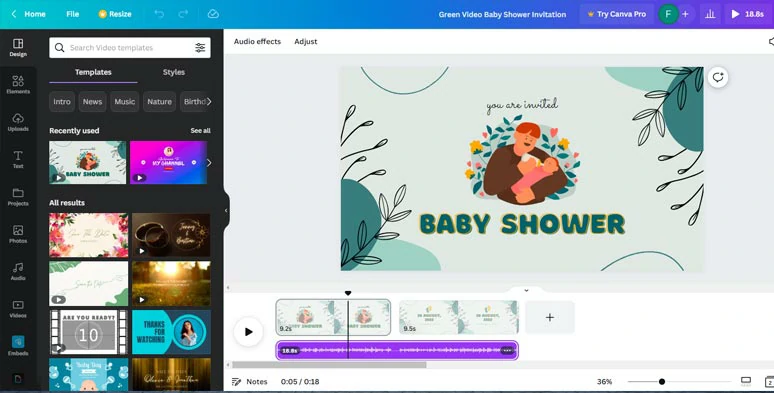 Make a baby shower invitation video by Canva