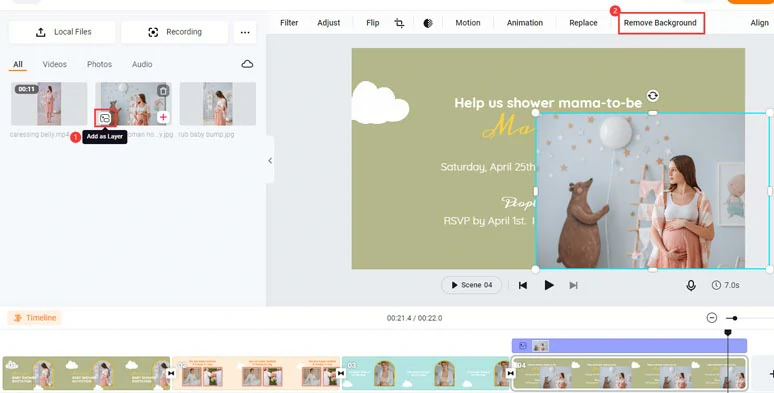 Overlay a baby shower photo over the video and remove the unwanted image background