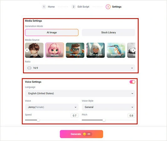 Generate Soothing Bedtime Story Video - Make Video Generation Setting