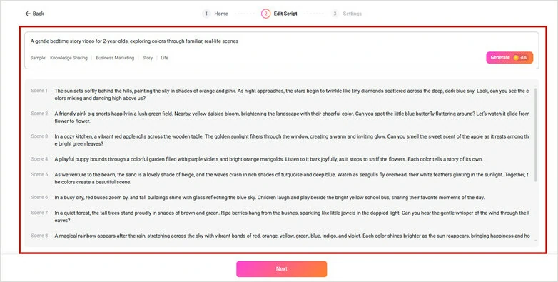 Generate Soothing Bedtime Story Video - Preview and Edit the Video Script