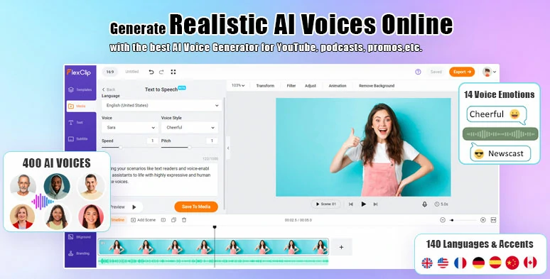 Easily generate realistic AI voices with FlexClip AI voice generator online for video projetcts
