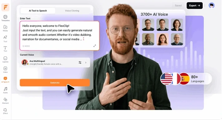 Easily generate realistic AI voices with FlexClip AI voice generator online for video projetcts
