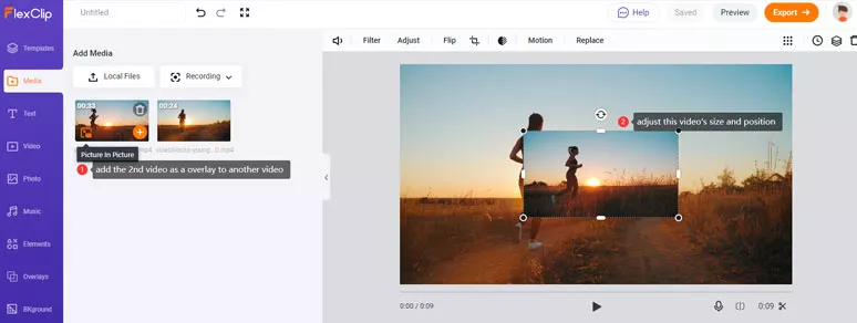 Add the second video as an overlay to the first video