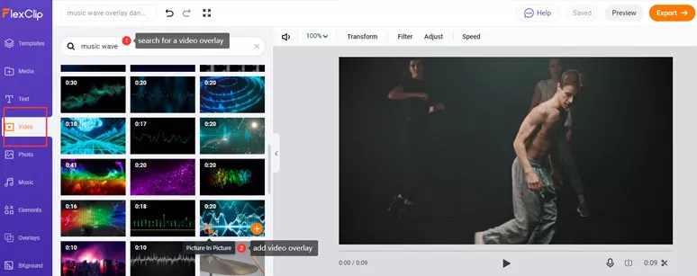 Search and add a music wave overlay to the video
