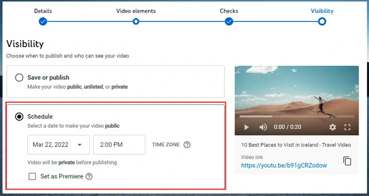 Select the date and time for a scheduled post on YouTube 