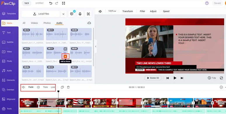 Align all the AI breaking news report audio with the right video scenes