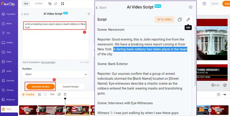 Use AI video script generator to write breaking news video scripts and fine-tune the details