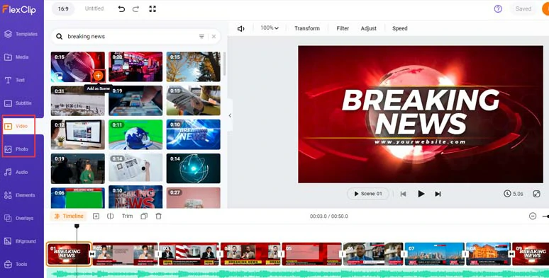 Use royalty-free breaking news footage and images in FlexClip