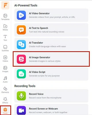 Move to FlexClip's Editor Page and Select AI Image Generator