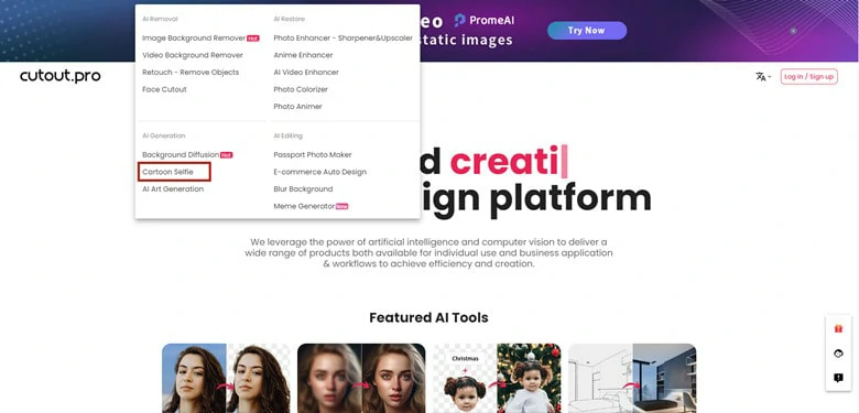 Visit the Cutout.Pro Website and Select Cartoon Selfie Option