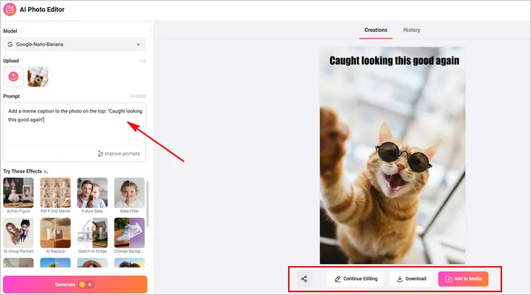 Generate AI Cat & Dog Selfie Meme with AI Photo Editor: Meme Caption