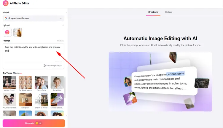 Generate AI Cat & Dog Selfie Meme with AI Photo Editor: Prompt